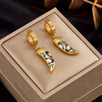 Gold hoop earrings with blue and teal enamel feather-heart charm
