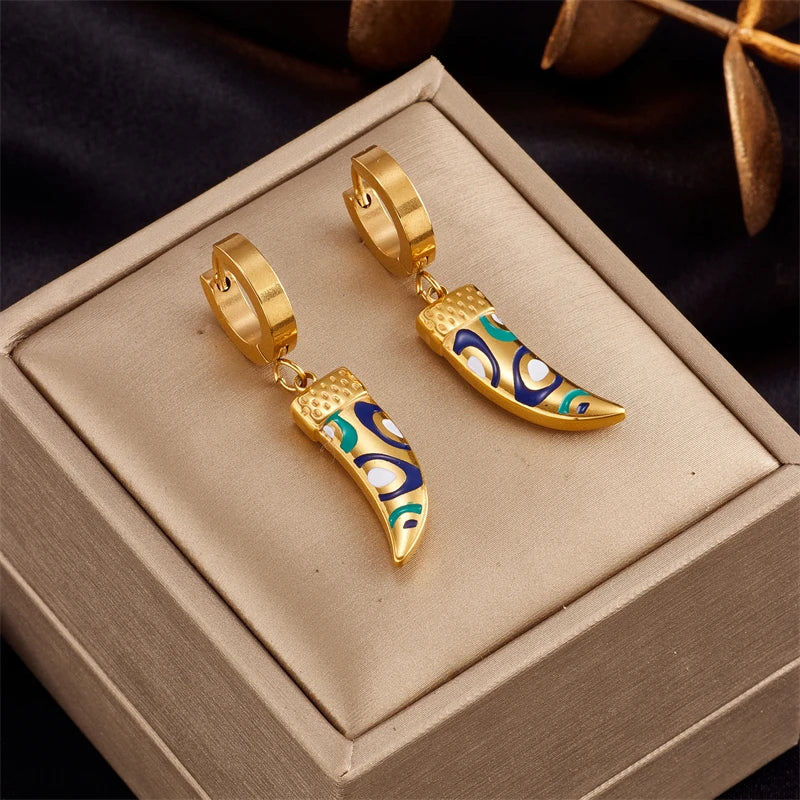 Gold hoop earrings with blue and teal enamel feather-heart charm