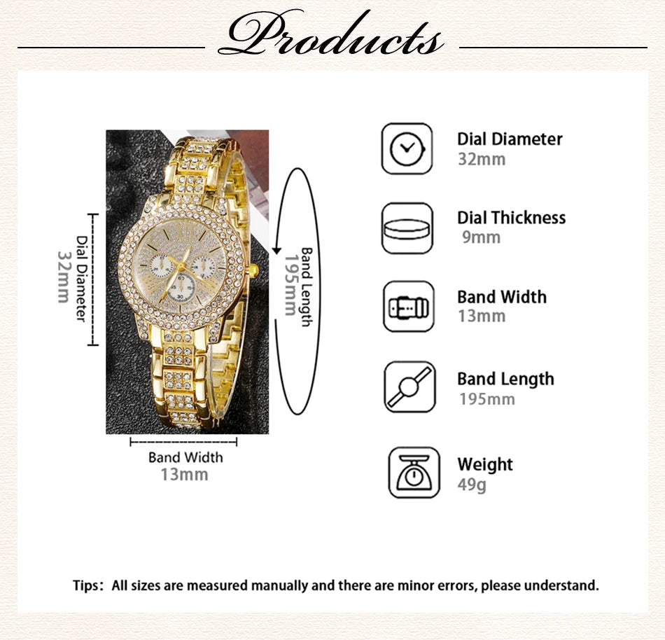 Gold rhinestone wrist watch on display with size labels and measurement diagram