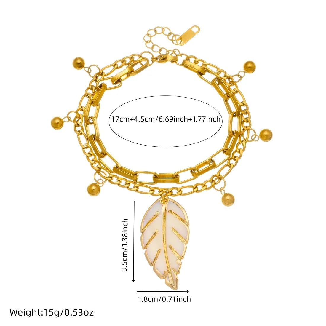 Gold double-layer chain bracelet with leaf pendant and round bead drops