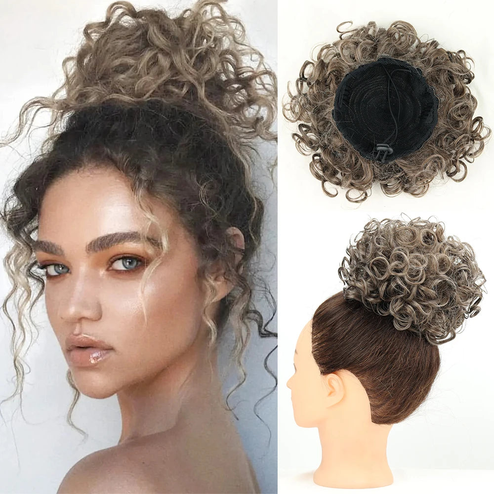 Drawstring messy bun hair piece, ash-blonde curly loose-wave bun with inner net