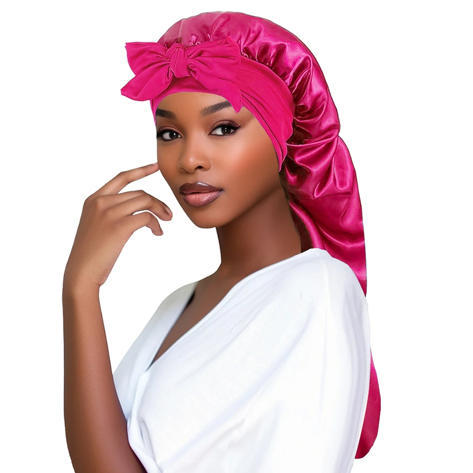 Pink satin sleep bonnet with gathered crown and tied bow