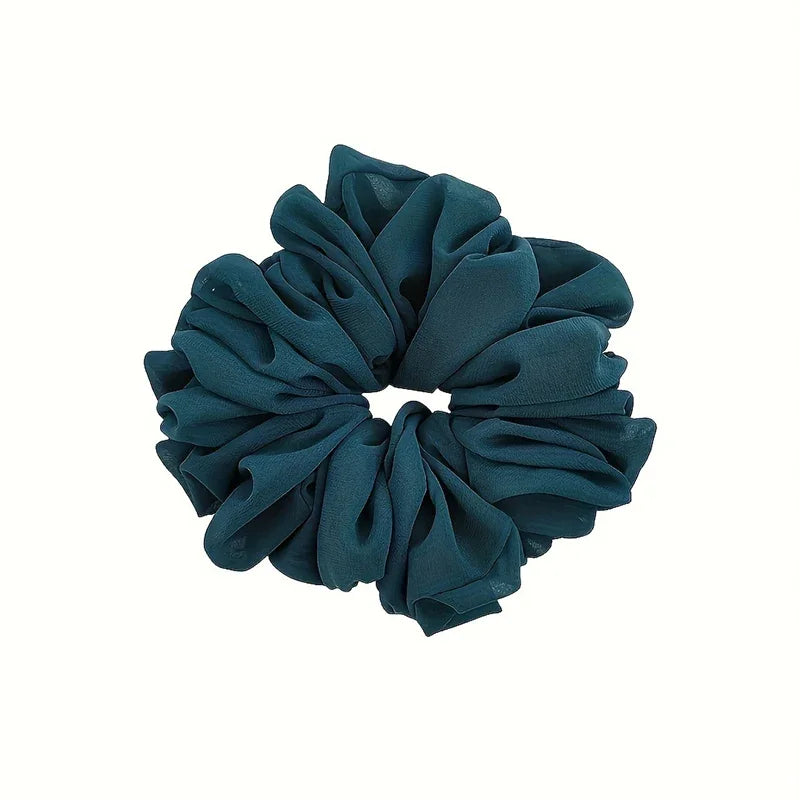 Oversized chiffon scrunchie, dark teal-blue ruffled flower shape
