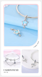 925 sterling silver charm bracelet with blue star and hand-shaped charm beads