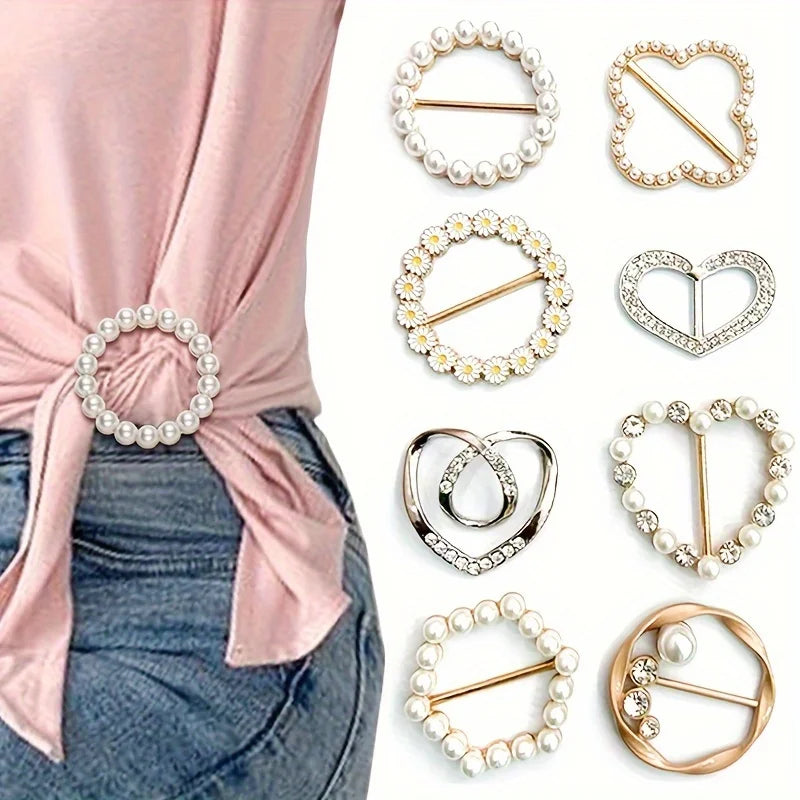 Heart-shaped scarf brooch clips with faux pearls and gold-tone pins, set of styles
