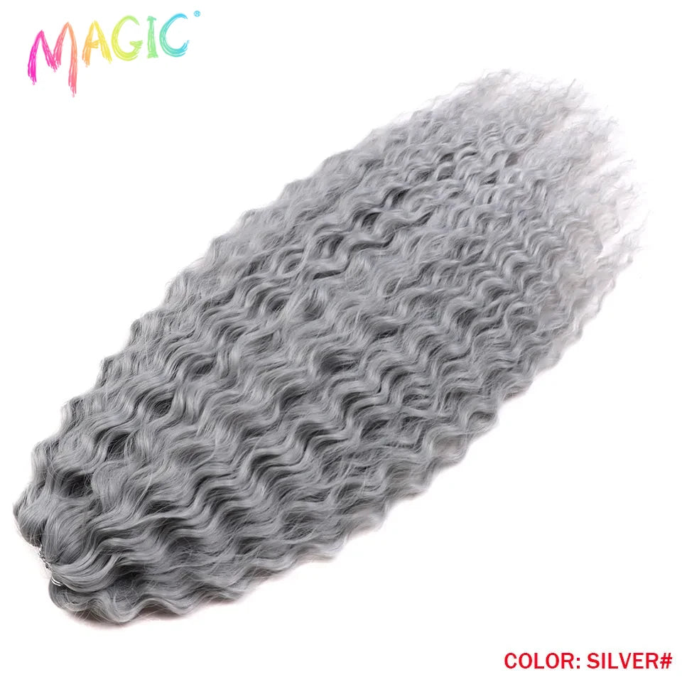 Synthetic ombre crochet braids with tight water-wave curls, silver-gray tone