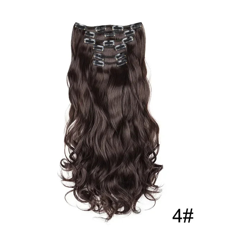 Full head clip-in hair extensions, long curly dark brown hair with comb clips, 4#