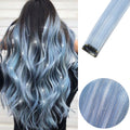 Clip-in synthetic hair highlights with light blue strands and small comb clips