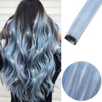 Clip-in synthetic hair highlights with light blue strands and small comb clips
