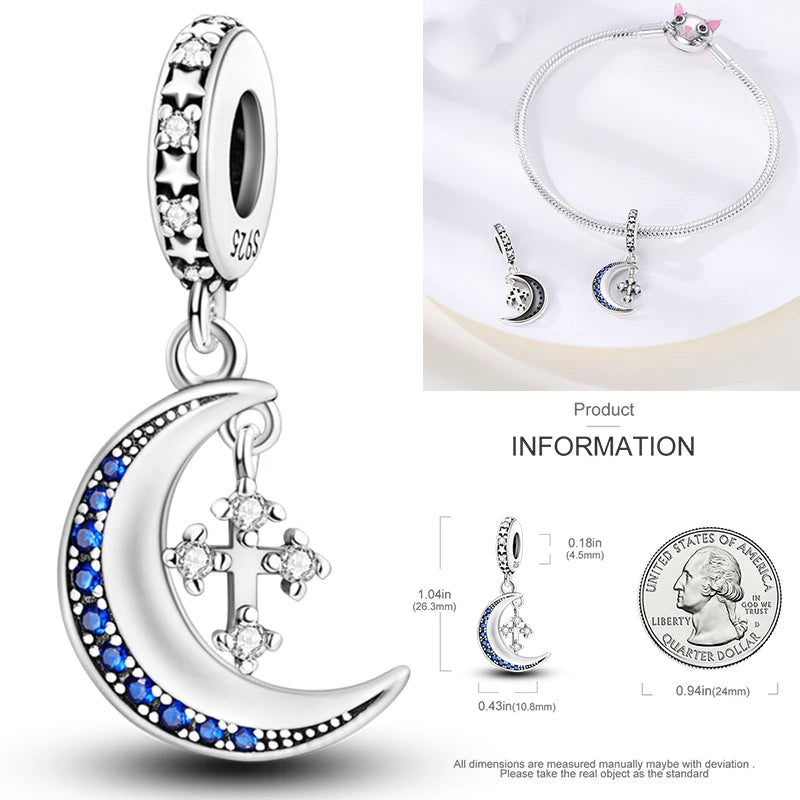 925 sterling silver crescent moon charm with blue stone inlay and small cross motifs