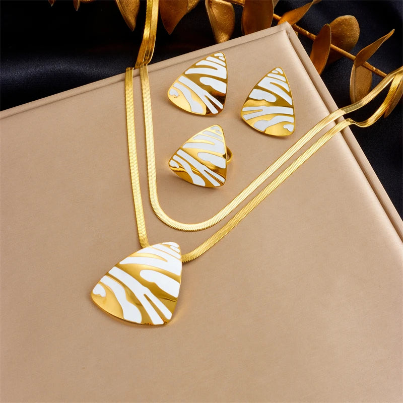 Tiger stripe teardrop necklace with matching teardrop earrings, gold-tone accents