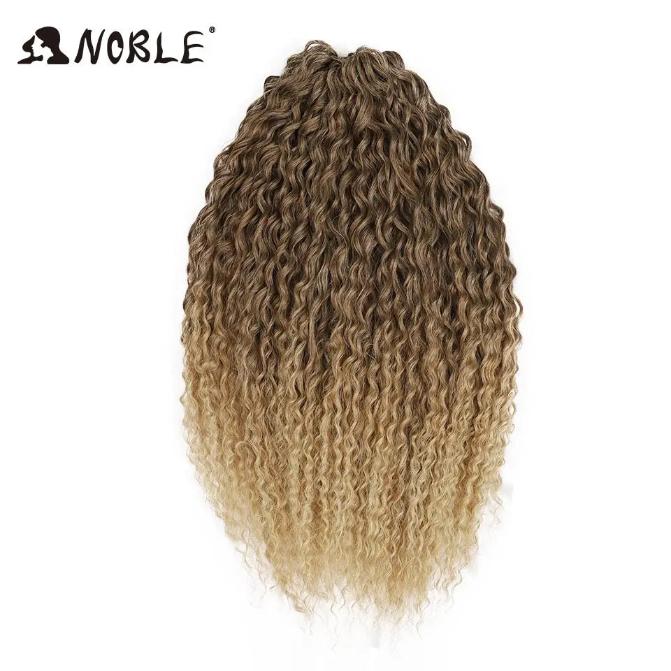 Synthetic crochet braids with water-wave curls, medium brown to light blonde ombre