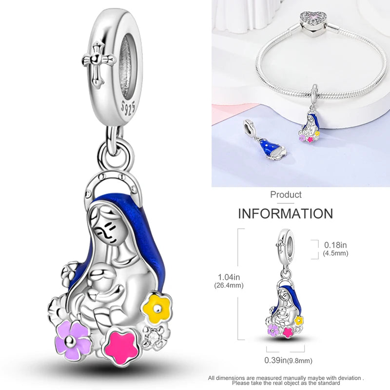 925 sterling silver saint figure charm with blue enamel and flower-like stone accents