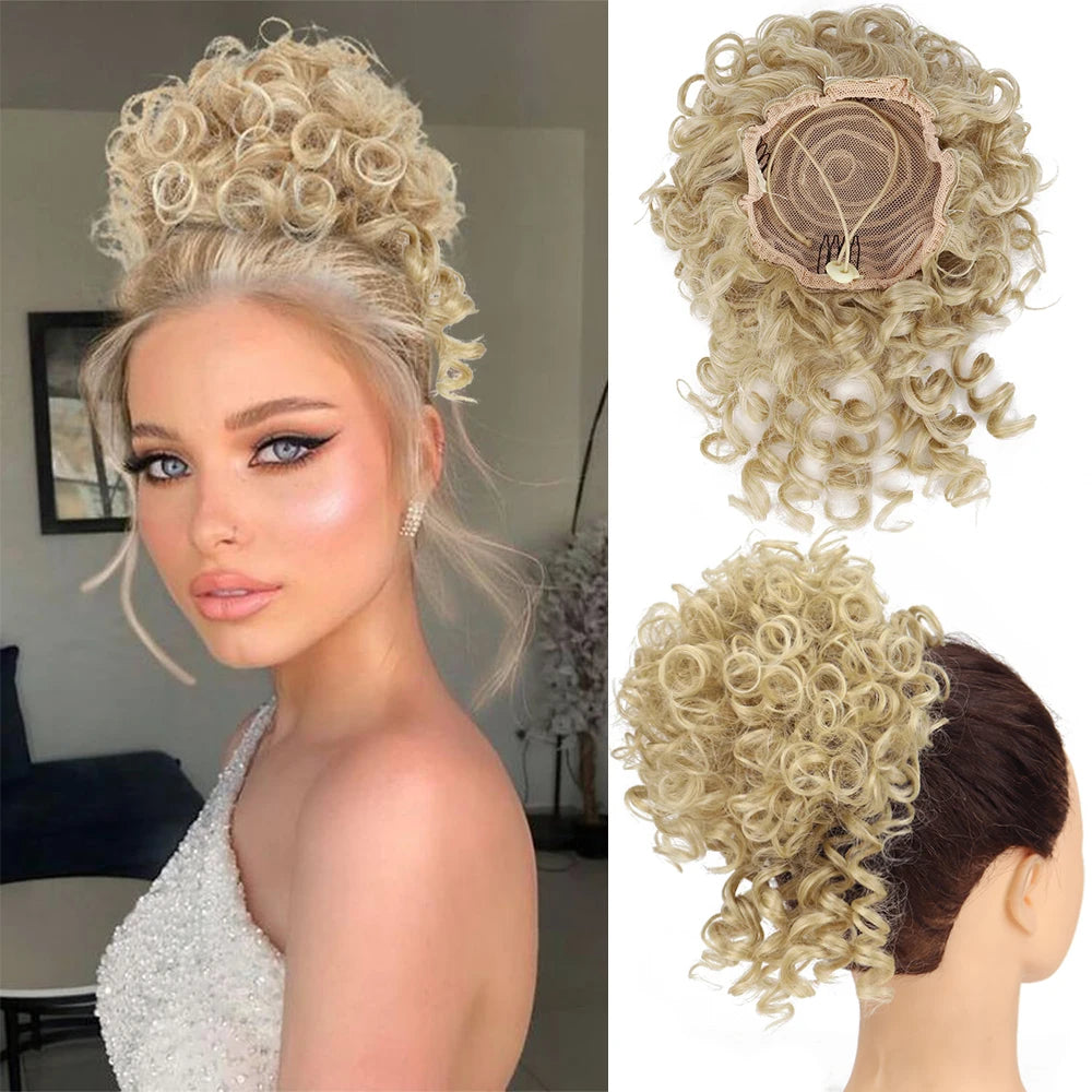 Drawstring messy bun hair piece, pale blonde curly loose-wave bun with inner net