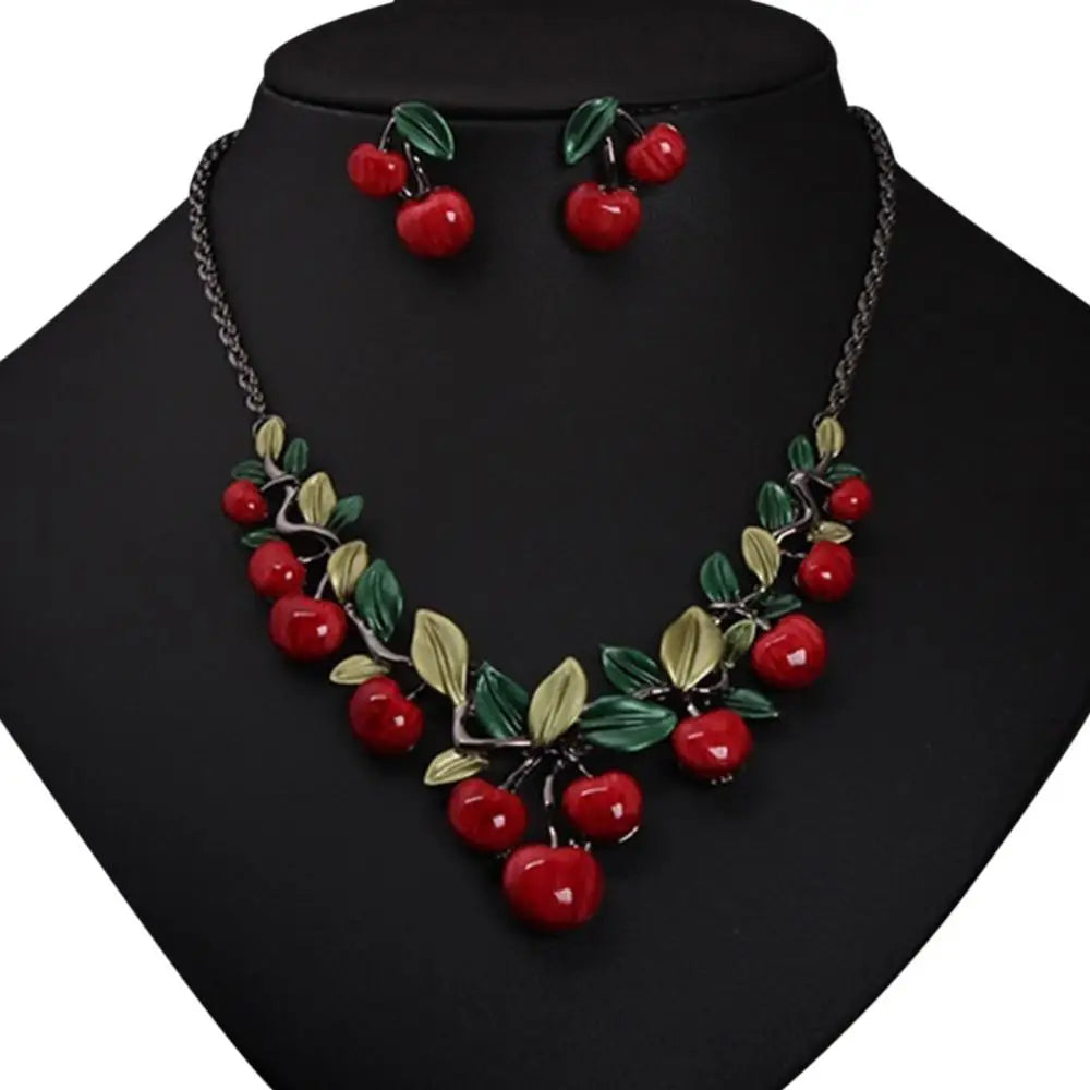 Cherry fruit necklace and earrings set: red cherry beads with green leaves, silver-tone settings