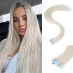 Platinum-blonde synthetic straight tape-in hair extension bundle with blue tape tabs