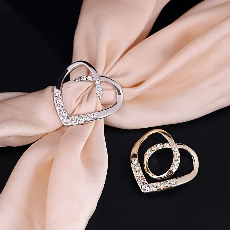 Heart-shaped scarf brooch clip with rhinestone trim and gold-tone back pin