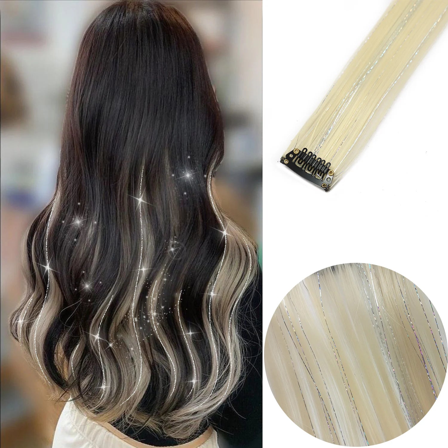 Synthetic clip-in hair highlights, 22-inch dark brown to gray wavy strands with clip bases.