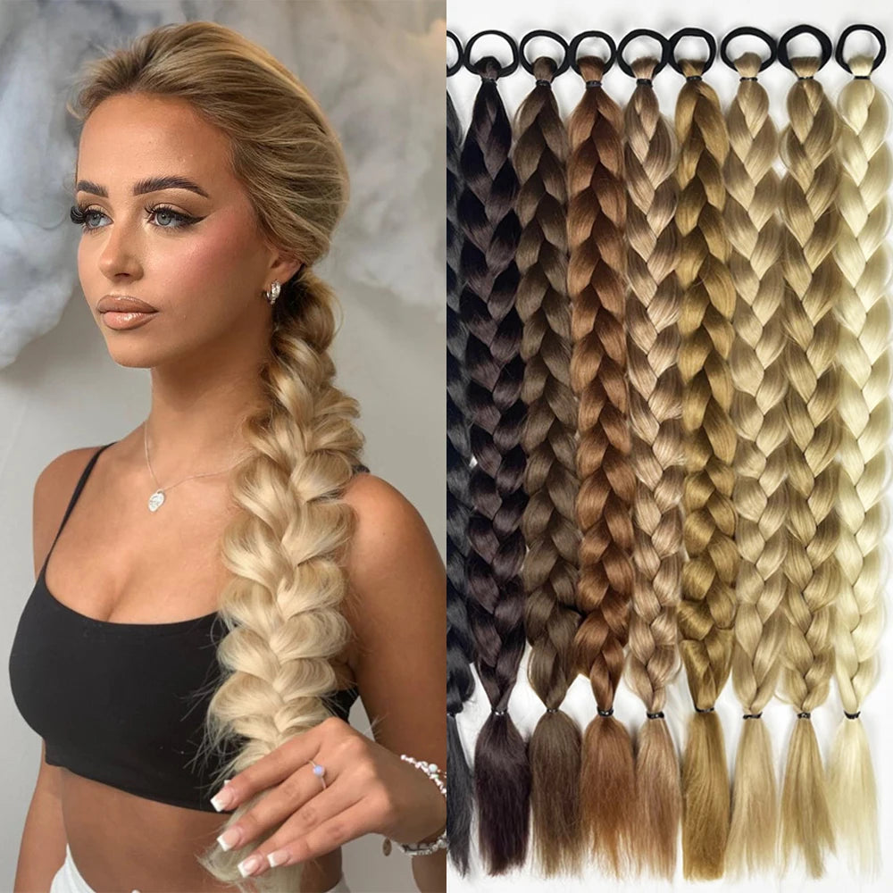 Braided ponytail extension with blonde ombre twists and elastic loop at the top