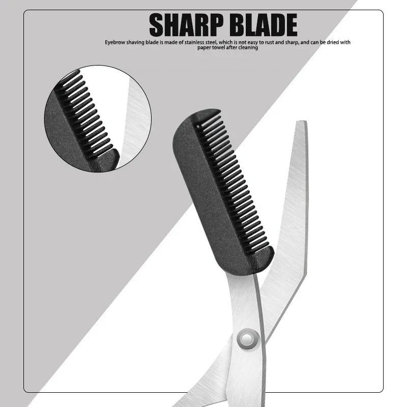 Eyebrow scissor blade and comb detail, black comb base and metal blade