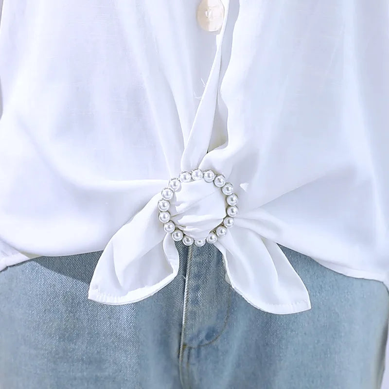 Round pearl scarf knot brooch clip with rhinestone accents