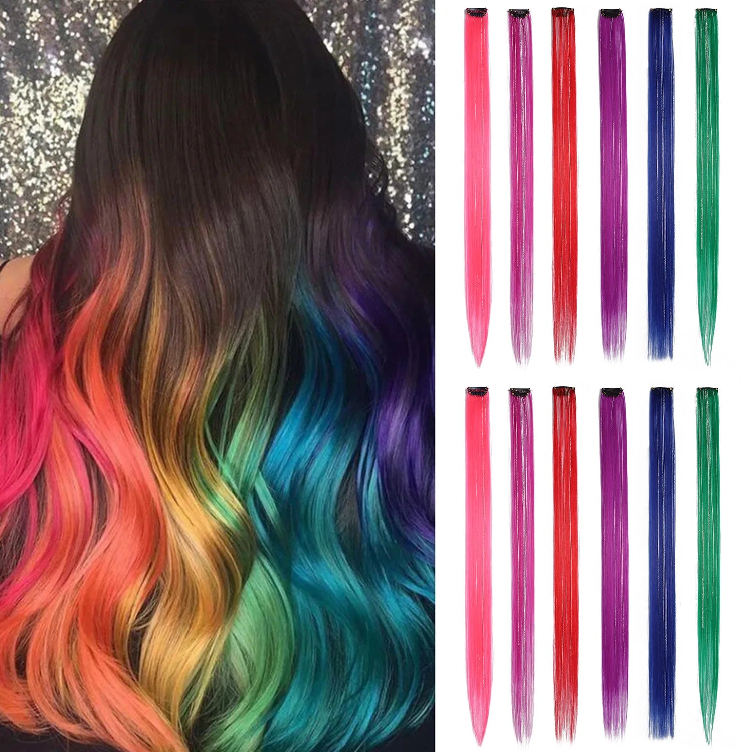 Rainbow clip-in hair tinsel extensions with bright red, orange, yellow, teal, and blue strands