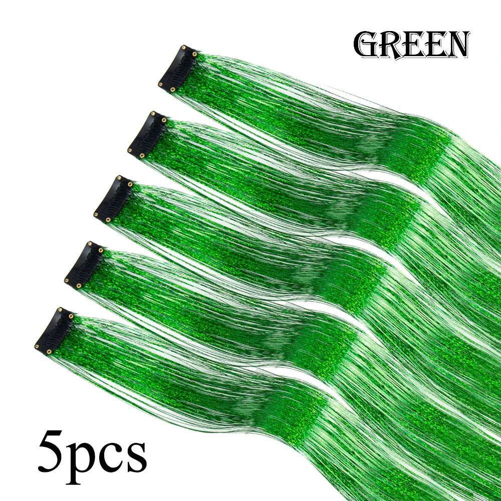 5-piece green glitter hair tinsel streaks with black clip fasteners