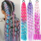 Bubble braid ponytail extension with pastel ombre blue, purple, and pink strands.