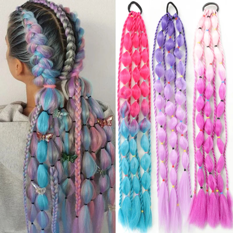 Bubble braid ponytail extension with pastel ombre blue, purple, and pink strands.