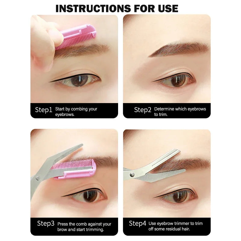 Eyebrow scissors with comb, pink comb and silver blades used near eyebrow
