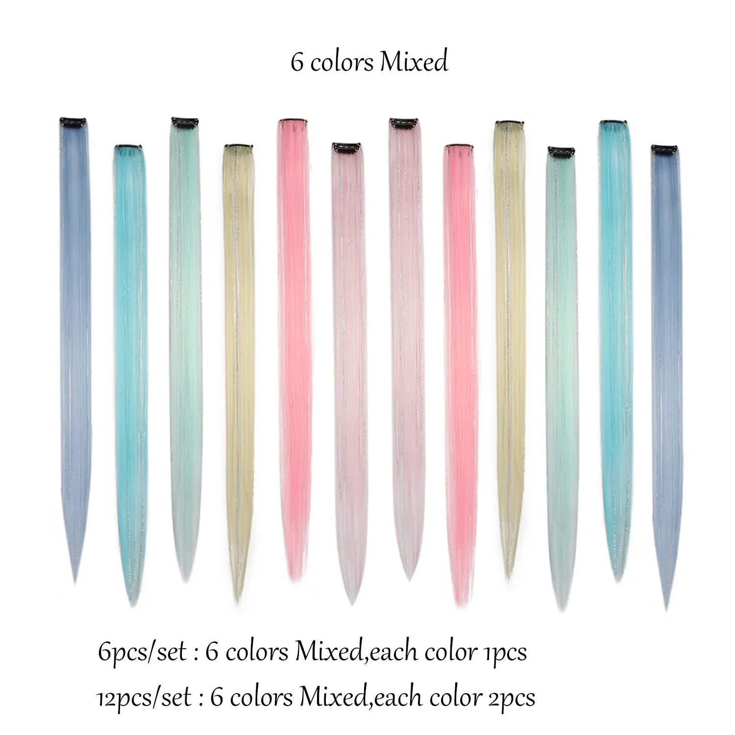 Clip-in hair tinsel extensions set with 6 mixed color strands, each with a small clip