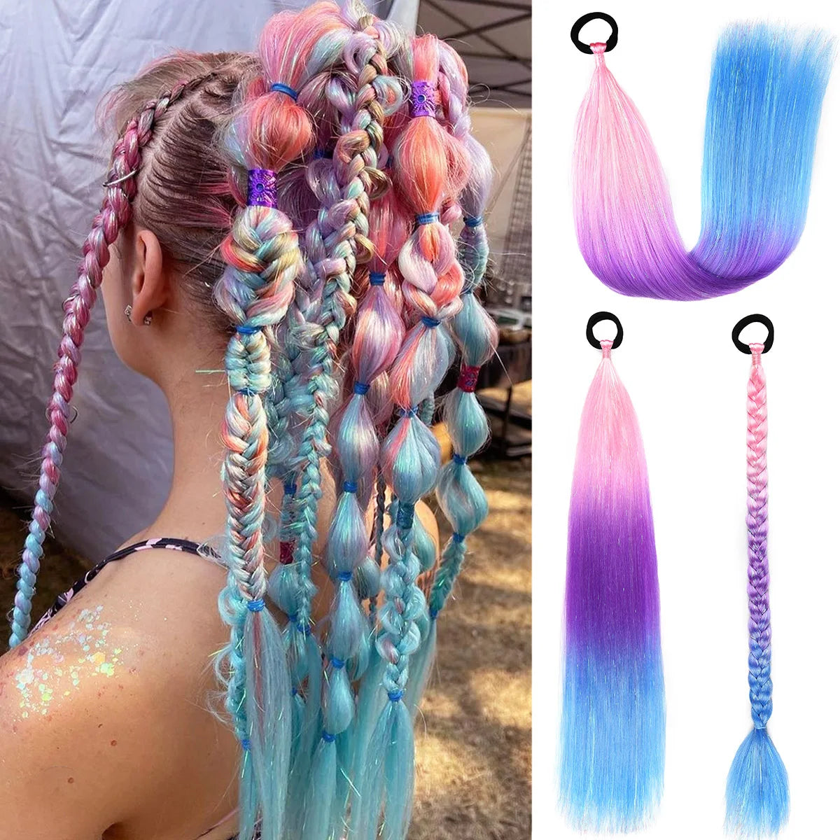Ombre synthetic braid ponytail hair tinsel strands in pastel rainbow tones with loop top