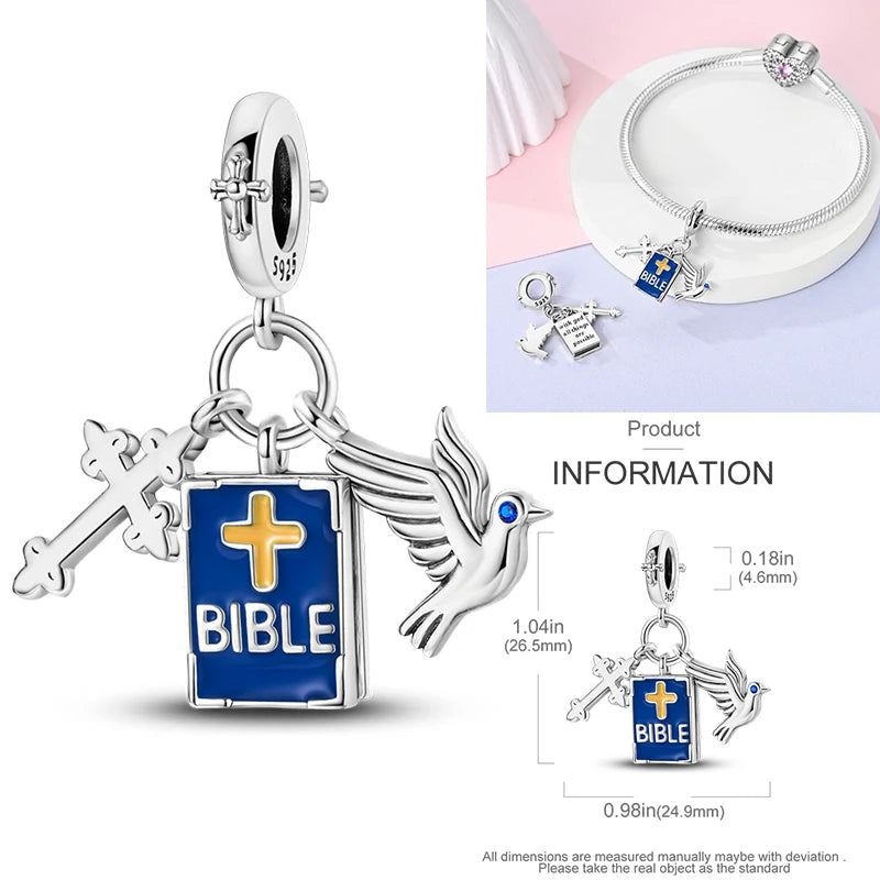 925 sterling silver Bible cross charm with blue enamel book detail