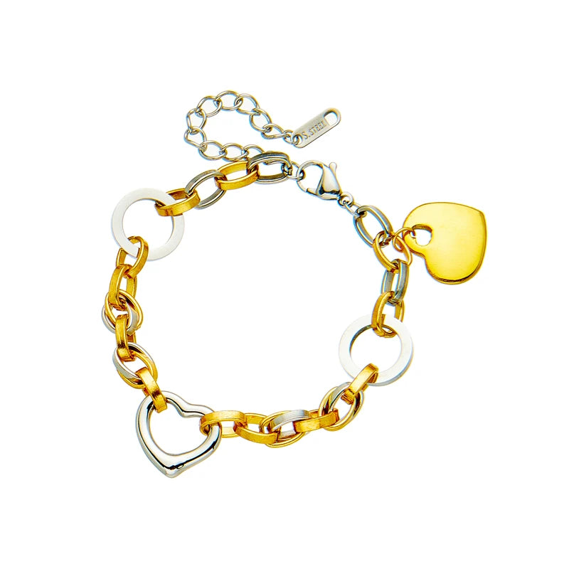 Two-tone heart charm chain bracelet with gold heart pendant and silver heart links