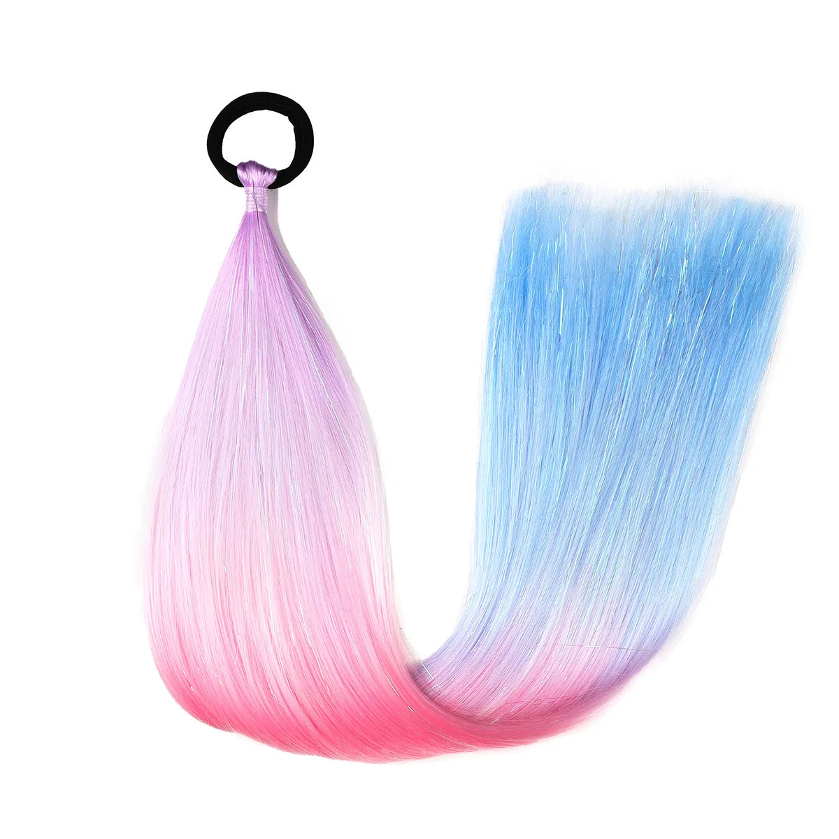 Ombre braid ponytail hair tinsel, synthetic; pink to blue gradient with top loop