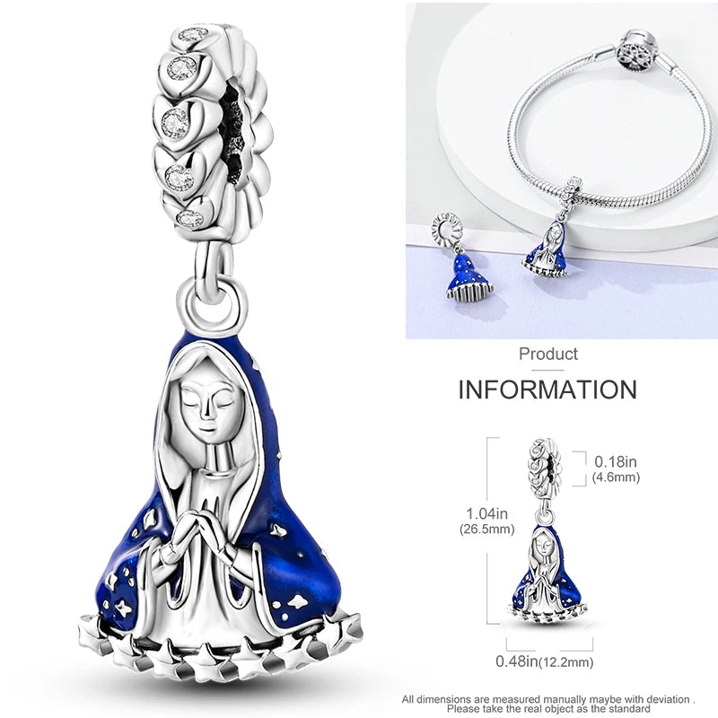 925 sterling silver saint charm with blue enamel accents and star-like cutouts