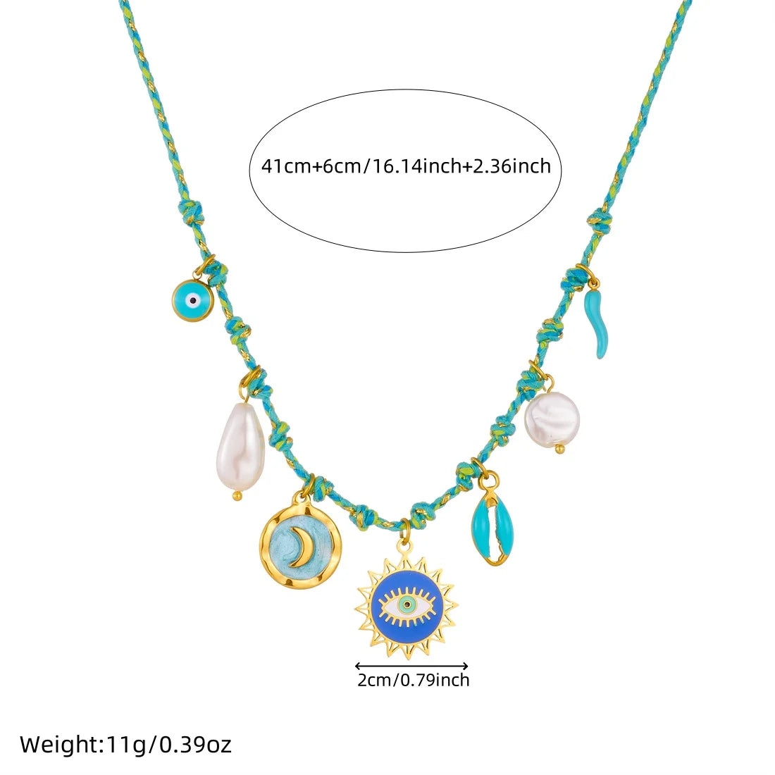 Turquoise beaded pendant necklace with sun-eye charm, moon disc, and pearl tear drop