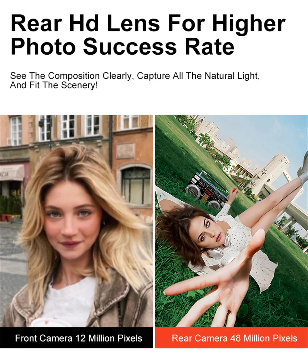 Two photo preview panels showing front and rear camera views