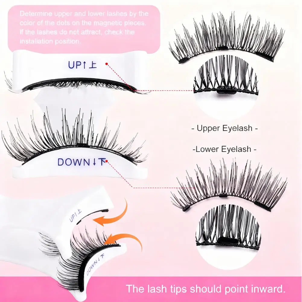 Magnetic faux mink eyelashes showing upper and lower lash placement diagram