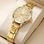 Gold-tone quartz watch with white dial and metal link bracelet, round bezel detail