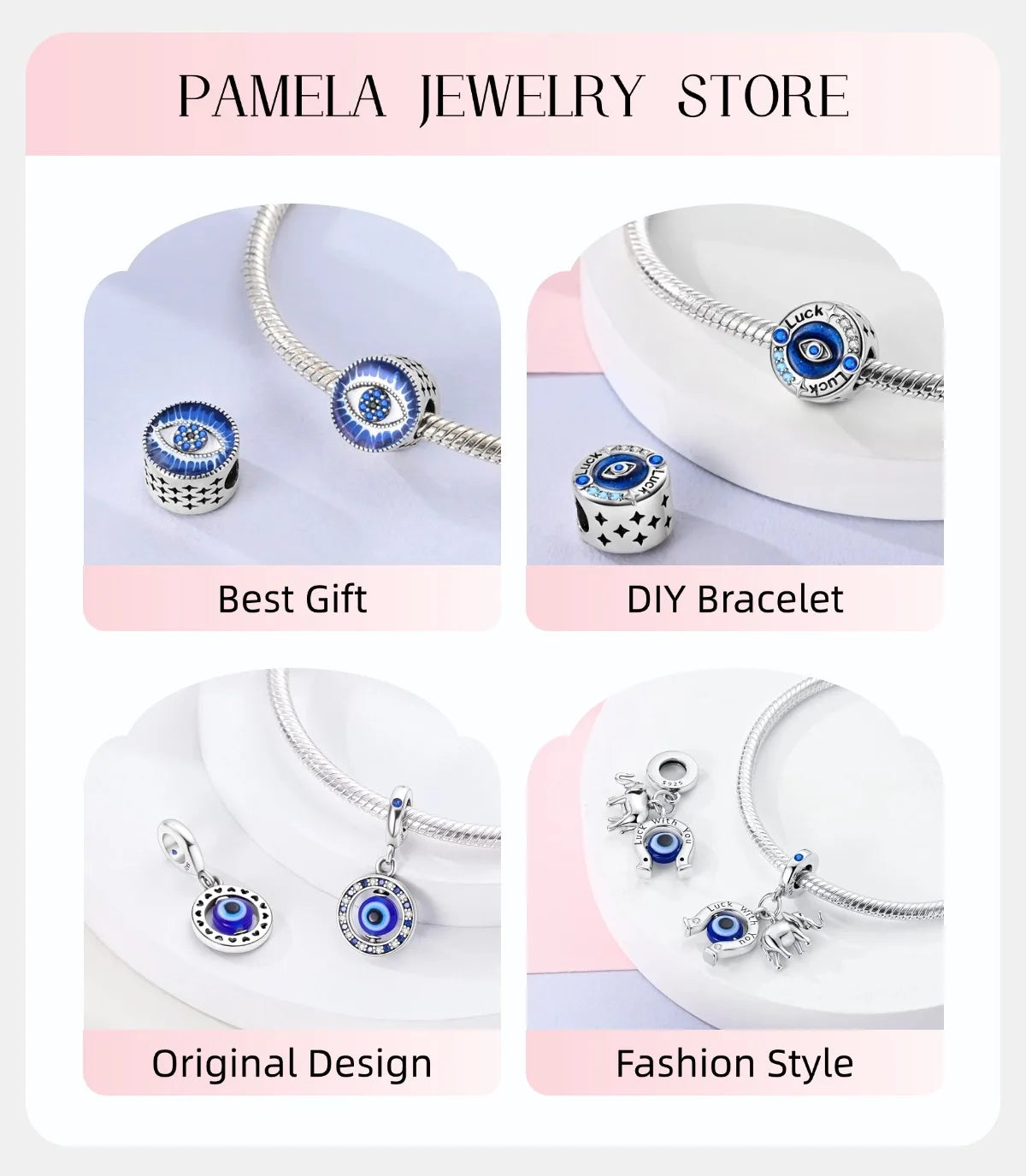 925 sterling silver evil eye charm beads on silver bracelet for DIY jewelry
