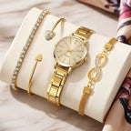 Gold-tone quartz watch with bracelet set, round white dial, link band, heart charms