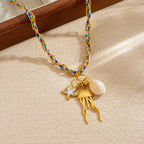 Jellyfish and starfish pendant necklace with white shell beads on multicolor link chain