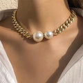 Silver-tone Cuban chain pearl necklace with two round pearls at the front