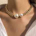 Silver-tone Cuban chain pearl necklace with two round pearls at the front