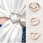 Heart-shaped scarf brooch clips with pearl and rhinestone details, gold and silver tones