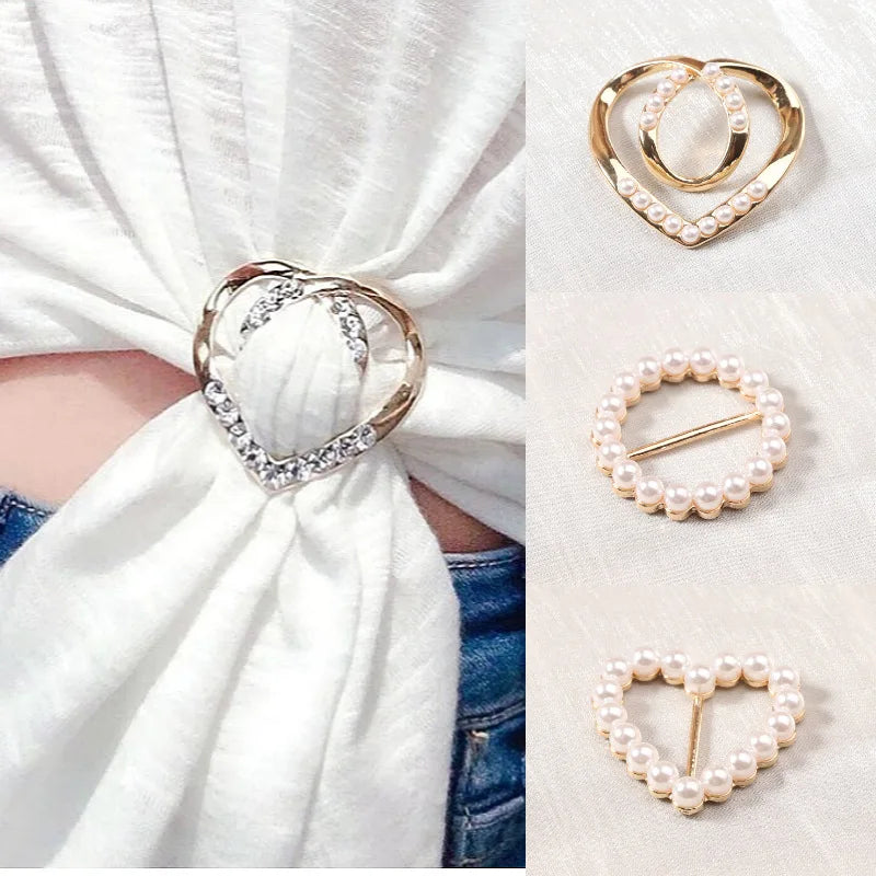 Heart-shaped scarf brooch clips with pearl and rhinestone details, gold and silver tones