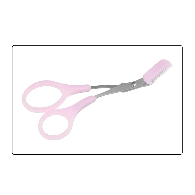 Eyebrow scissors with comb, pink handle with pink comb and silver blades