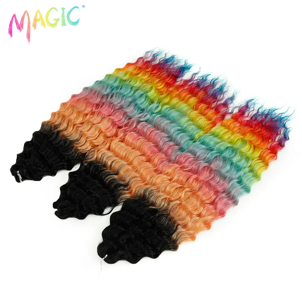 Synthetic water wave crochet braid hair, rainbow ombre with teal, orange, and black