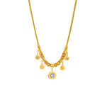 Gold-tone charm necklace with circular zircon pendant and dangling coin charms